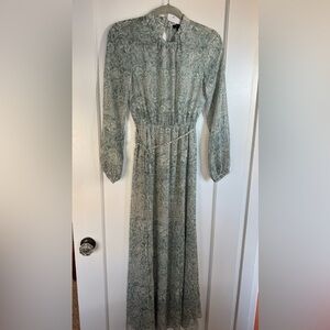 Halogen Elegant Sage Green Print Maxi Dress, Metallic Silver Thread